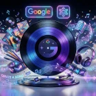 Gemini app vinyl spins colorful music notes, album art, and tools in a creative festival setting