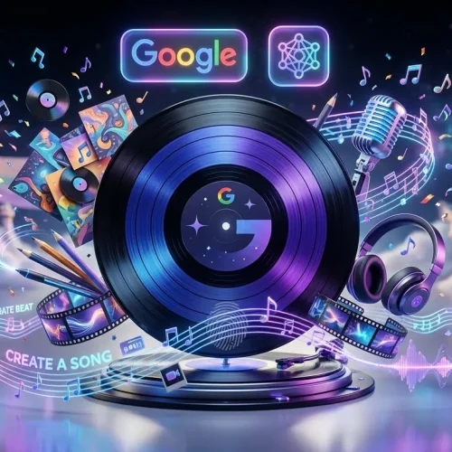 Gemini app vinyl spins colorful music notes, album art, and tools in a creative festival setting