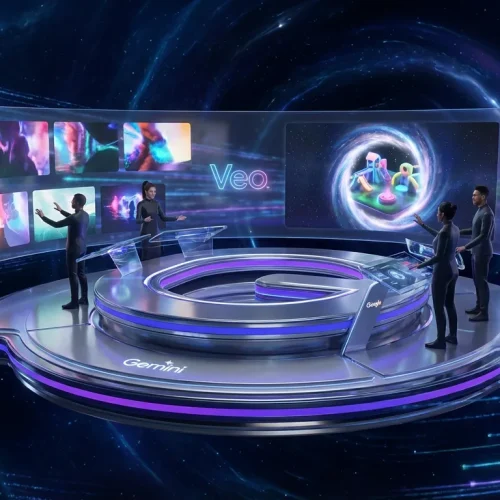 Creator command center inside Gemini logo with Veo video, Project Genie worlds, and Google branding