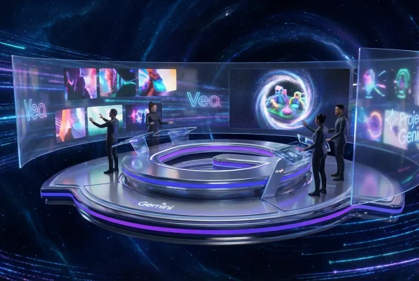 Creator command center inside Gemini logo with Veo video, Project Genie worlds, and Google branding