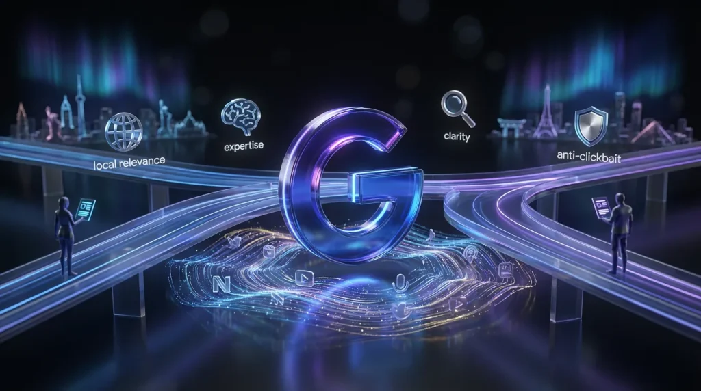 Colorful Google Discover logo over highways showing creators expertise, local context, and anti-clickbait signals