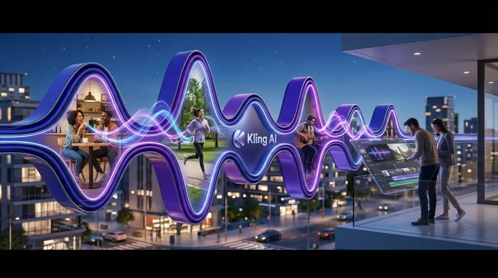 Kling AI logo and actors on giant waveform set with synchronized video and audio visual elements