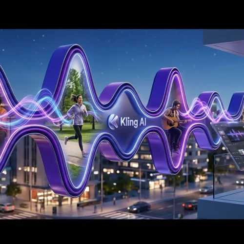 Kling AI logo and actors on giant waveform set with synchronized video and audio visual elements