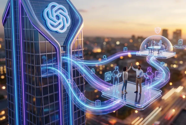 Futuristic office with OpenAI logo, glowing workflows, humans, icons, and governance symbols in harmony