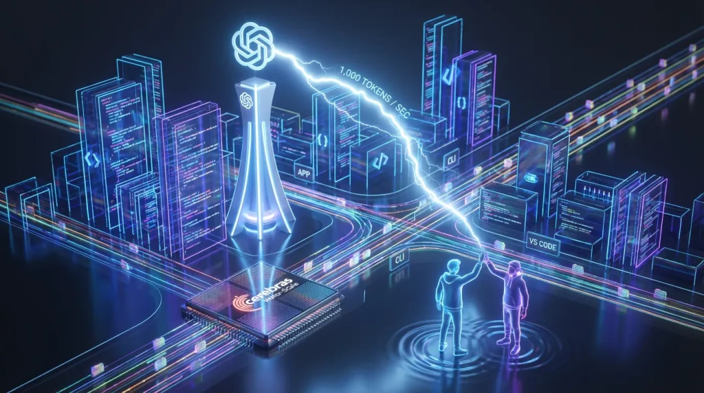 A glowing OpenAI Spark city of code powered by Cerebras chip and streaming lightning-fast changes