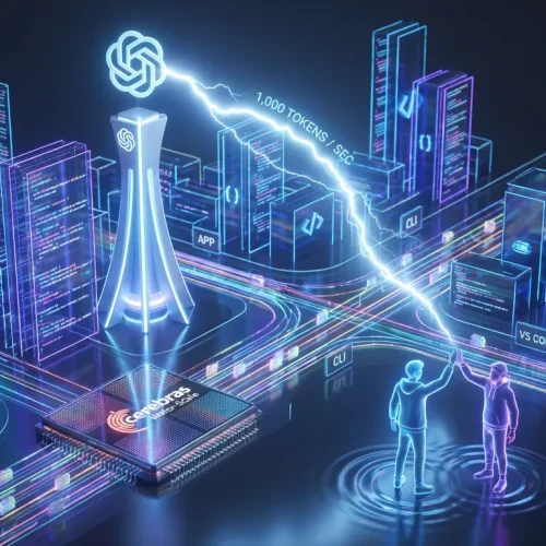 A glowing OpenAI Spark city of code powered by Cerebras chip and streaming lightning-fast changes