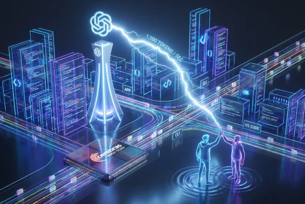 A glowing OpenAI Spark city of code powered by Cerebras chip and streaming lightning-fast changes