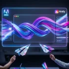 Vivid floating Photoshop 2026 interface with swirling generative effects, Adobe and Firefly logos, creative teamwork