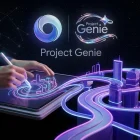 Surreal 3D world forms as users prompt environments with Google DeepMind and Project Genie logos visible