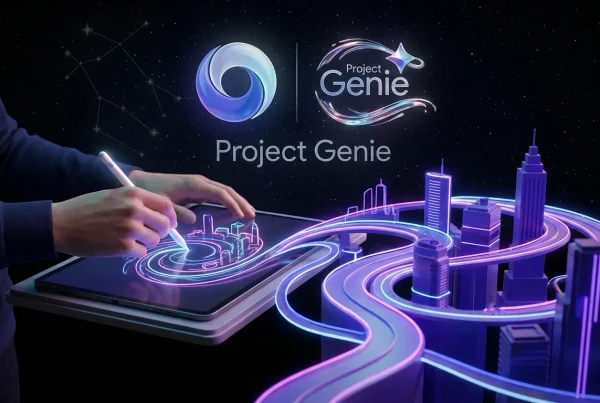 Surreal 3D world forms as users prompt environments with Google DeepMind and Project Genie logos visible