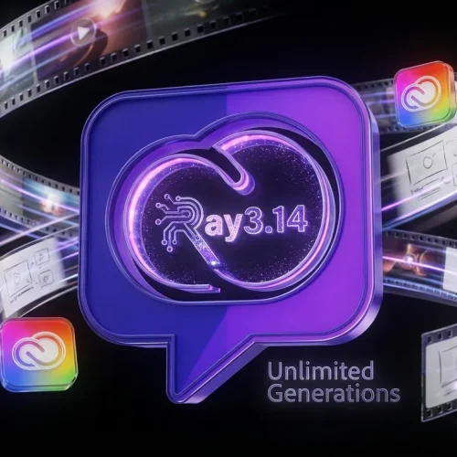 Colorful creative universe blending Adobe Firefly and Ray3.14 logos with swirling video and artists