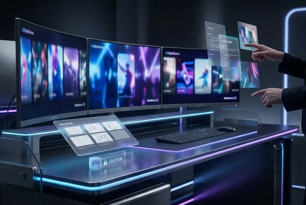 Futuristic director studio featuring Seedance 2.0 and ByteDance, reviewing AI-generated video scenes and references