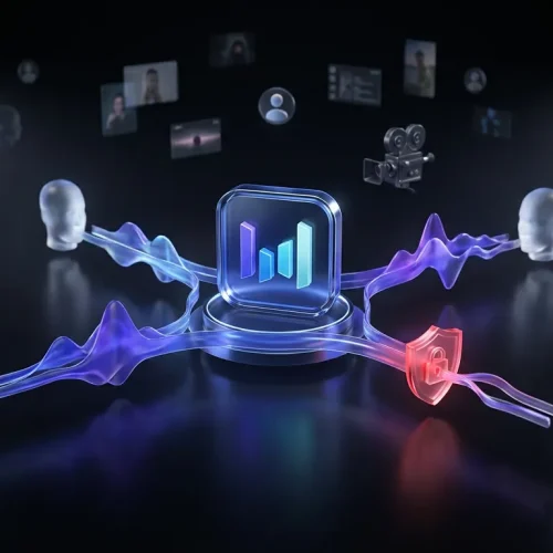 ByteDance logo linking faces and voice waves with visual privacy barrier and digital film elements