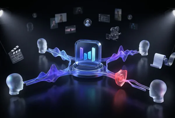 ByteDance logo linking faces and voice waves with visual privacy barrier and digital film elements