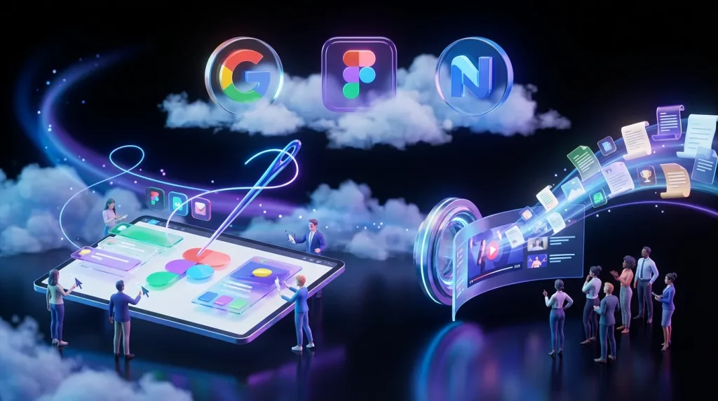 Google Stitch and NotebookLM logos powerfully bridging messy ideas to Figma and animated video summaries