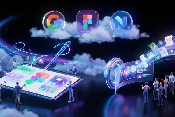 Google Stitch and NotebookLM logos powerfully bridging messy ideas to Figma and animated video summaries