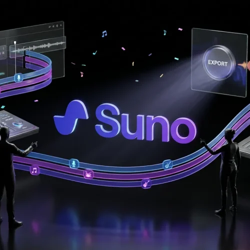 Suno logos with floating colorful music stems and editing controls in a futuristic fantasy studio