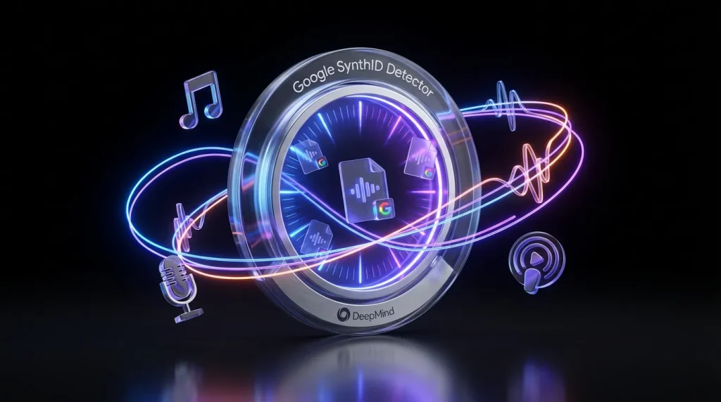 Audio waveforms scanned by a glowing Google SynthID Detector portal with vivid creative icons and logos
