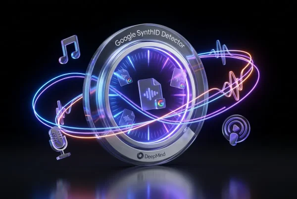 Audio waveforms scanned by a glowing Google SynthID Detector portal with vivid creative icons and logos