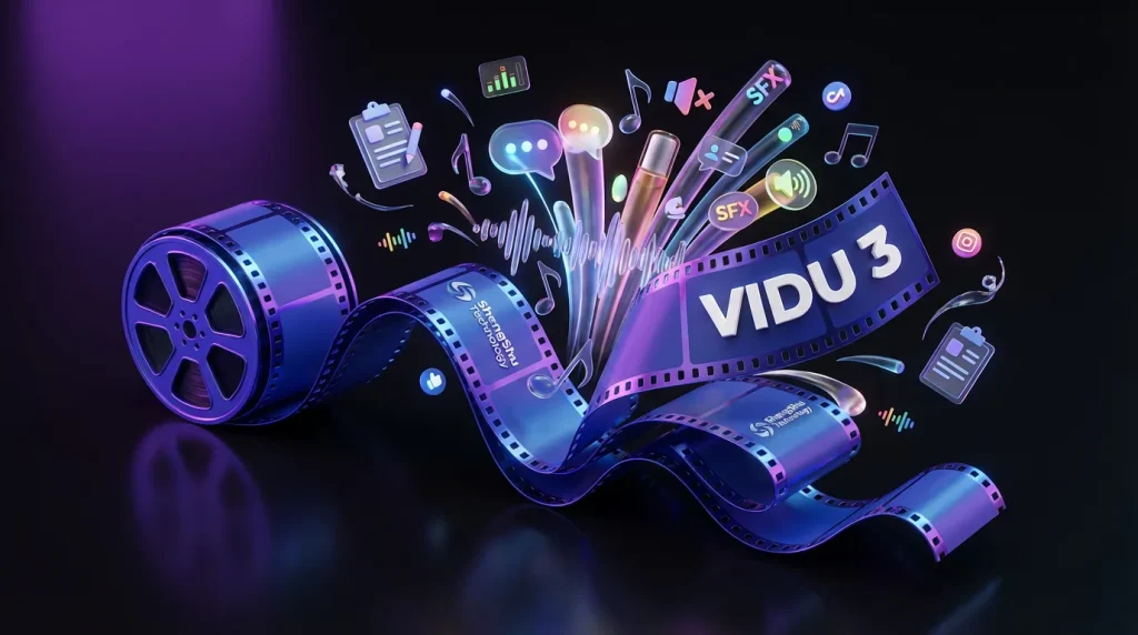 Colorful film reel explodes with music notes, sound effects and VIDU 3 logo for AI video
