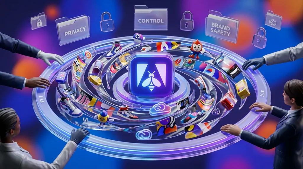 Adobe Firefly logo radiating seamless branded visuals guided by many hands in a vibrant circular flow