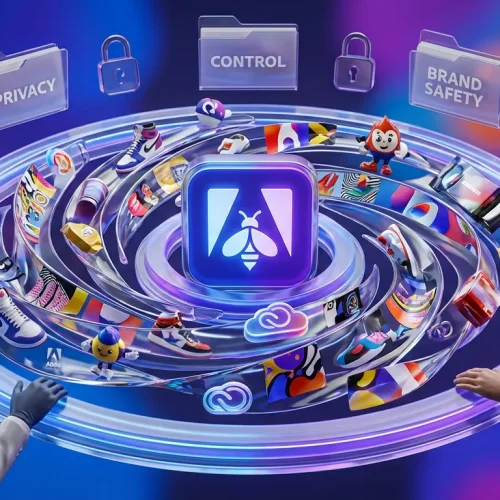 Adobe Firefly logo radiating seamless branded visuals guided by many hands in a vibrant circular flow