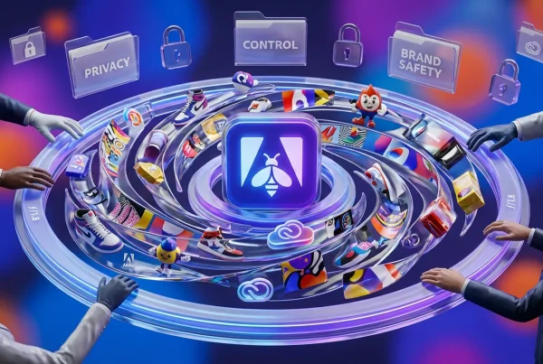 Adobe Firefly logo radiating seamless branded visuals guided by many hands in a vibrant circular flow