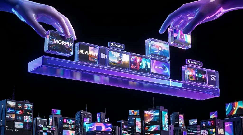 Vivid CapCut timeline floats above city, Seedance 2.0 visuals and logos integrated, hands editing instantly