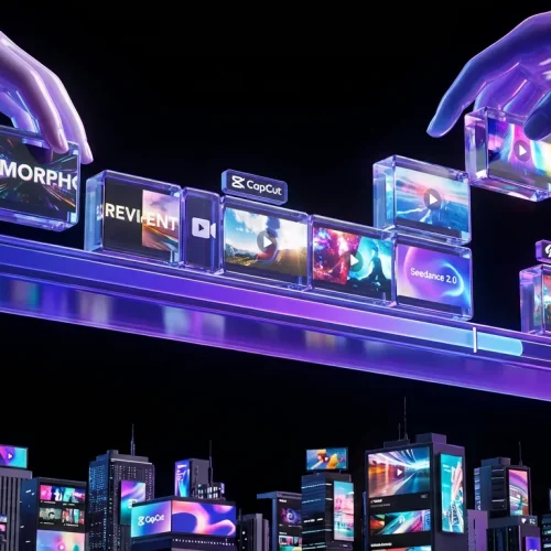 Vivid CapCut timeline floats above city, Seedance 2.0 visuals and logos integrated, hands editing instantly
