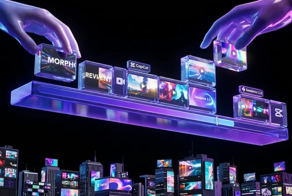 Vivid CapCut timeline floats above city, Seedance 2.0 visuals and logos integrated, hands editing instantly