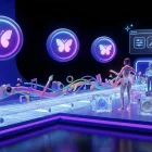 Surreal game show with Adobe Firefly logos, frozen credits, creators celebrating unlimited creative possibilities