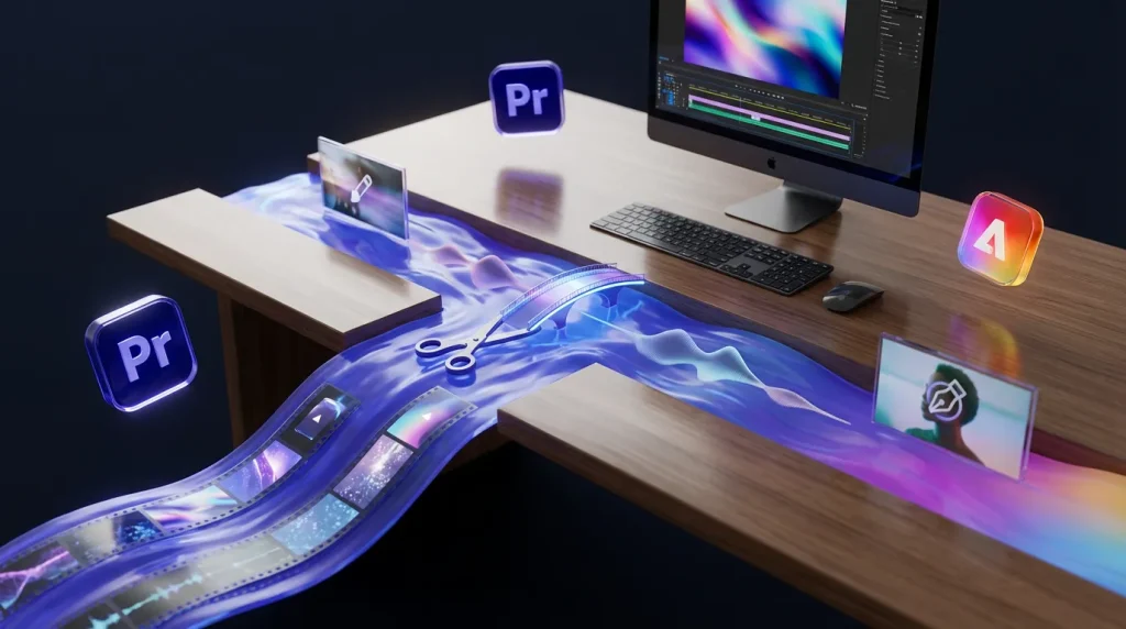 An imaginative scene blending Adobe Premiere Pro and Firefly logos with magical timelines and creative visual elements