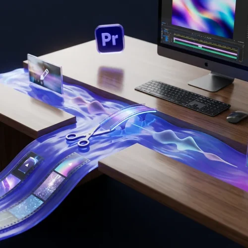 An imaginative scene blending Adobe Premiere Pro and Firefly logos with magical timelines and creative visual elements