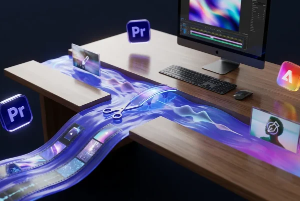 An imaginative scene blending Adobe Premiere Pro and Firefly logos with magical timelines and creative visual elements
