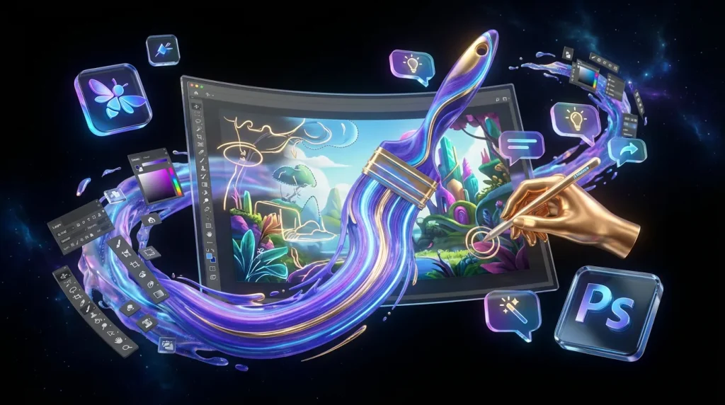 Surreal scene with Adobe Firefly, Photoshop logos and swirling, unified digital editing tools above a canvas