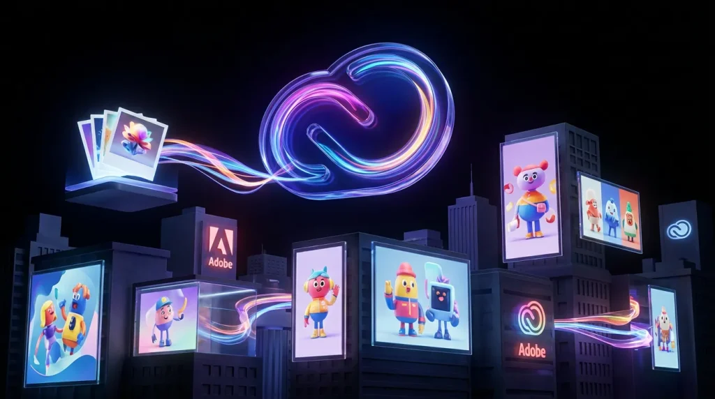 Whimsical city filled with consistent branded visuals powered by Adobe Firefly logo with magical energy