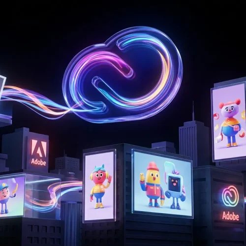 Whimsical city filled with consistent branded visuals powered by Adobe Firefly logo with magical energy
