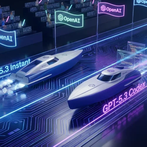 OpenAI GPT-5.3 Instant and Codex speedboats racing through creative and coding digital racetracks