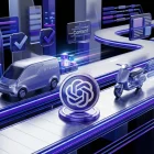 Colorful conveyor belt with OpenAI logo, creative tokens, Mini and Nano badges, and digital workflow elements