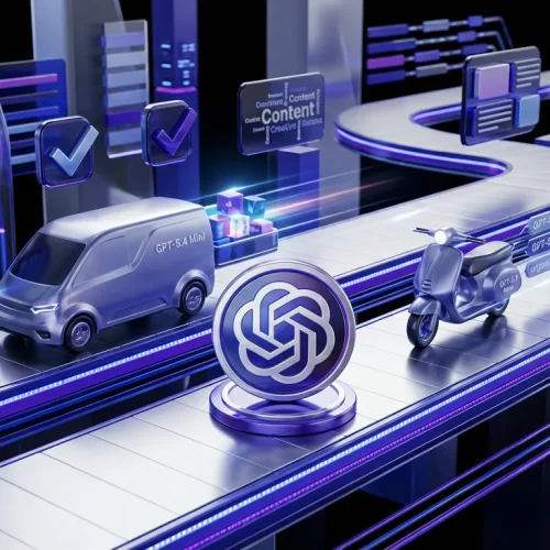 Colorful conveyor belt with OpenAI logo, creative tokens, Mini and Nano badges, and digital workflow elements