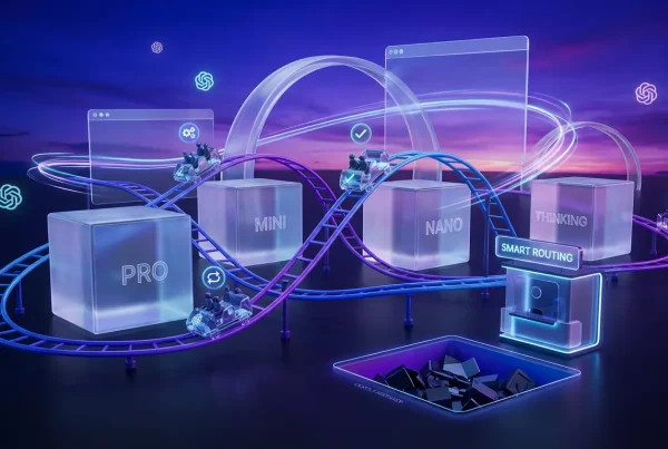 Futuristic amusement park with OpenAI GPT‑5.4 models, diverse professionals on workflow rollercoasters