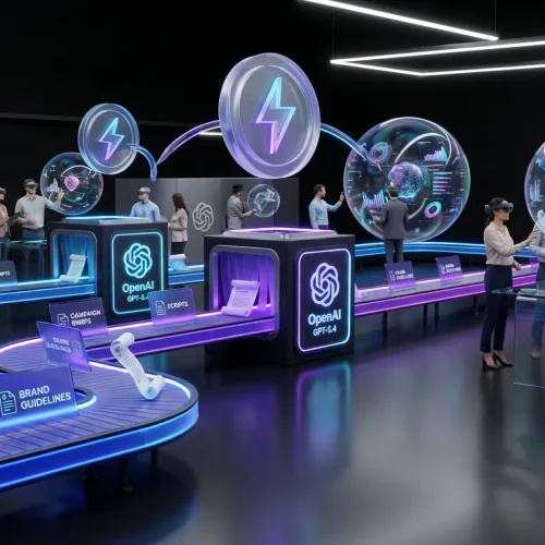 OpenAI GPT-5.4 logo powering creative assembly line with documents, dashboards, and team collaboration