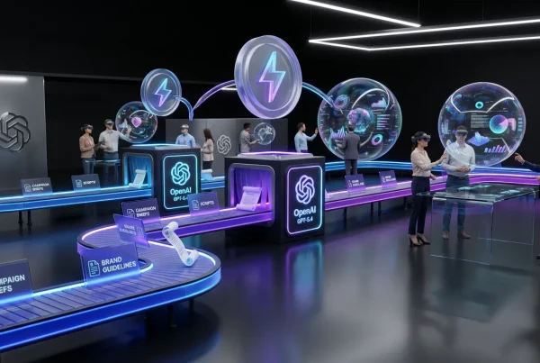 OpenAI GPT-5.4 logo powering creative assembly line with documents, dashboards, and team collaboration