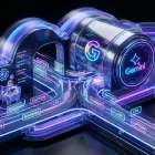 Futuristic light-powered content factory with Gemini and Google logos, fast-flowing bulk text generation everywhere