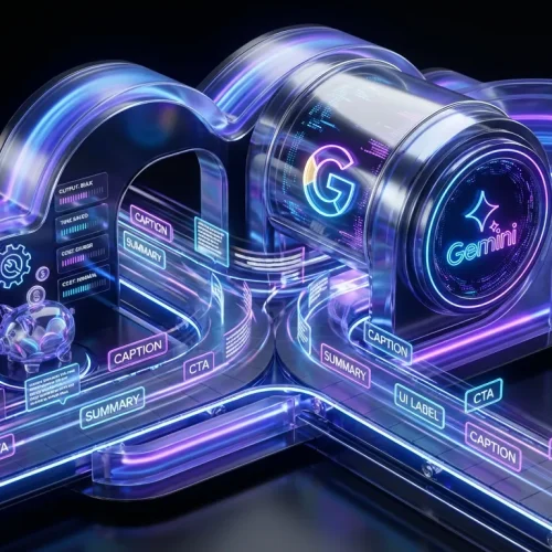 Futuristic light-powered content factory with Gemini and Google logos, fast-flowing bulk text generation everywhere