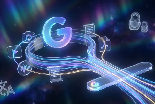 Google Gemini logo surrounded by swirling photos, videos, audio, documents, and vibrant vector streams merging