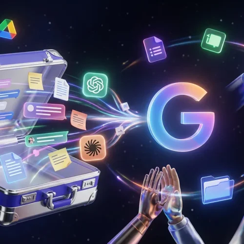 Magical suitcase releases chat threads and AI logos merging into Gemini logo amid floating Google Workspace icons