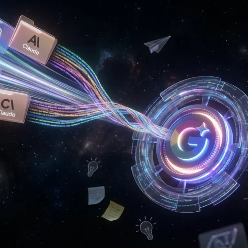 Gemini hub in space pulling ChatGPT and Claude conversations into a cosmic, creative digital library