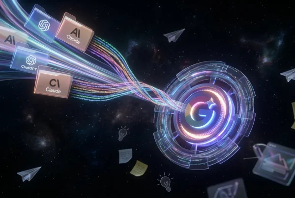 Gemini hub in space pulling ChatGPT and Claude conversations into a cosmic, creative digital library