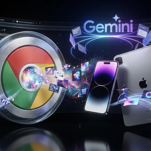 Surreal iPhone and iPad with Chrome and Gemini logos emitting creative visuals in a cosmic browser world